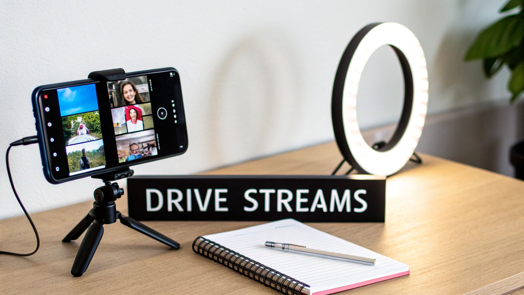 Smartphone on tripod showing video conference, with ring light, 'DRIVE STREAMS' sign, and notebook on a desk.