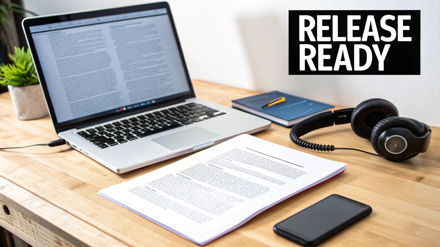 A wooden desk with a laptop, headphones, papers, and a 'Release Ready' sign above.