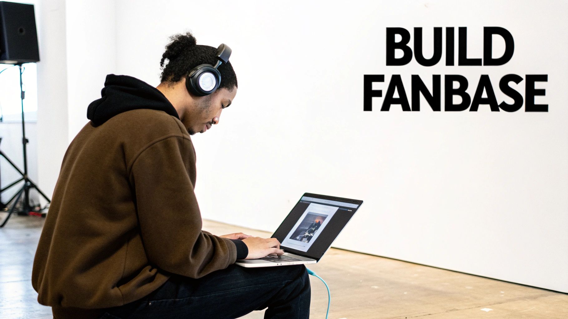 A person with headphones uses a laptop, with 'BUILD FANBASE' text on a white wall.
