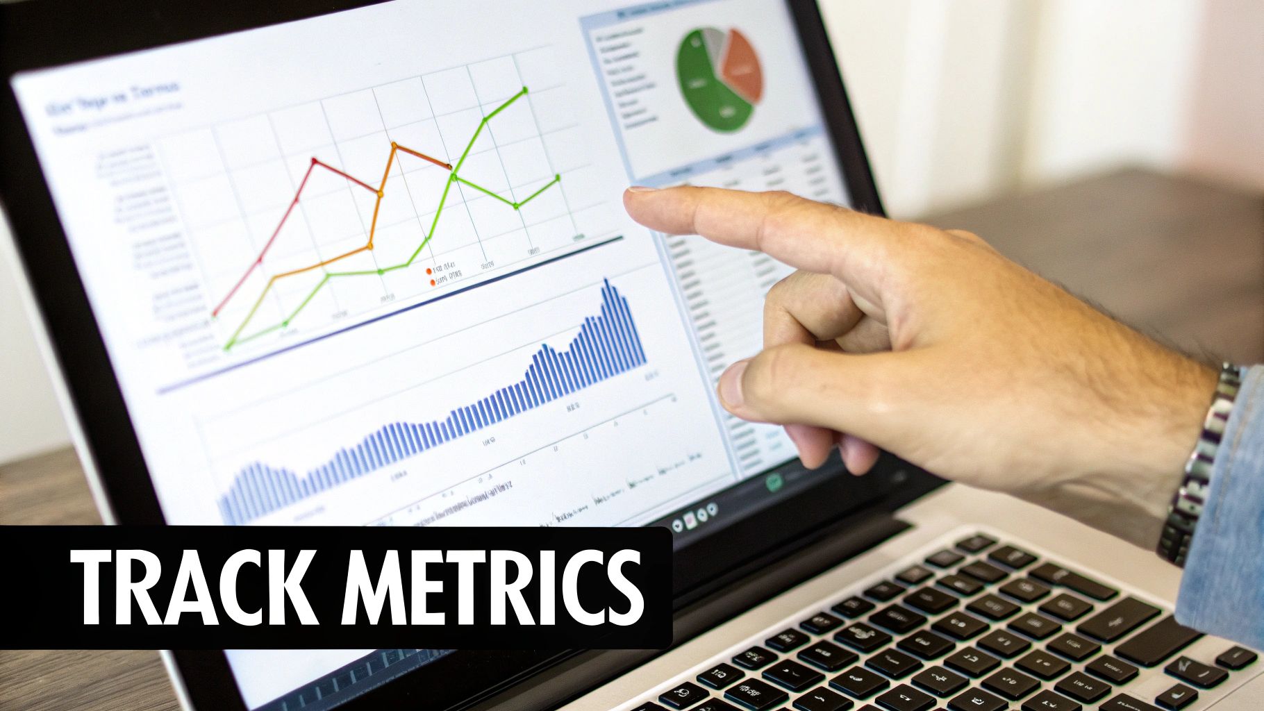 A person's hand points at a laptop screen displaying various business graphs and charts for tracking metrics.