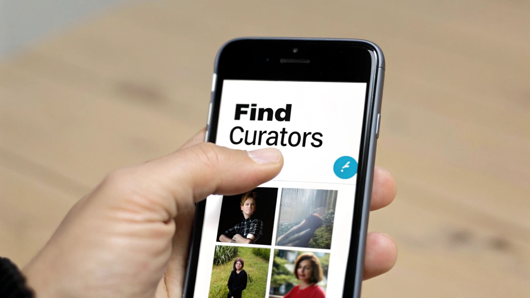 A hand holds a smartphone displaying a 'Find Curators' app screen with profile pictures.