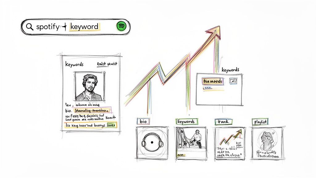 A hand-drawn sketch showing a Spotify search bar, artist profile elements, keywords, and a rising arrow representing growth.
