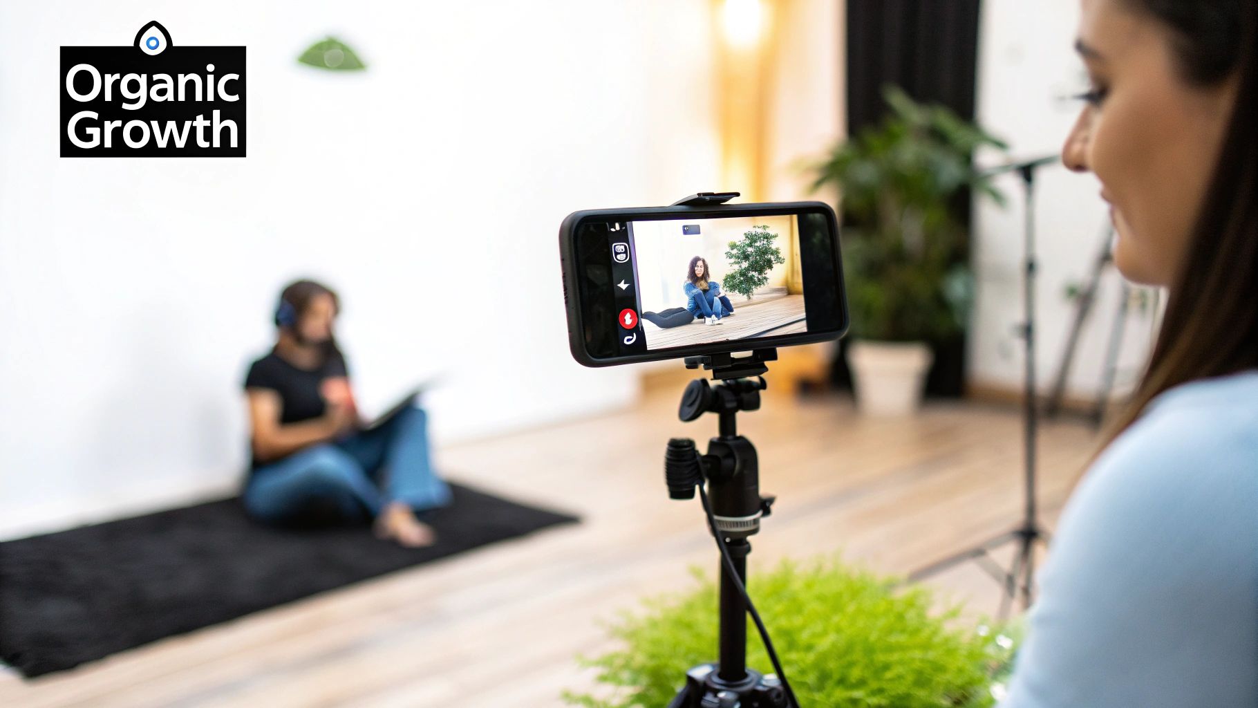 Two women involved in video production, one filming another with a smartphone on a tripod.