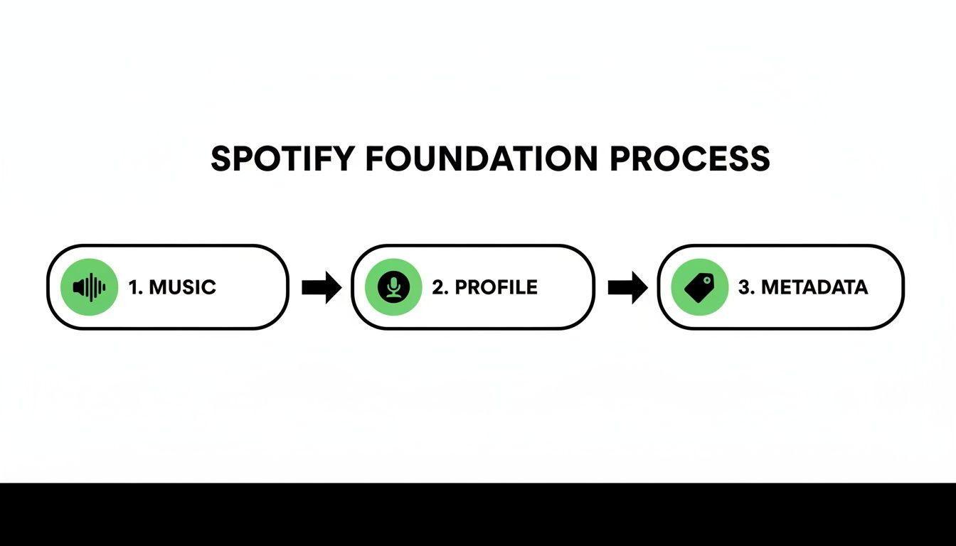 A Spotify Foundation Process diagram showing three steps: 1. Music, 2. Profile, and 3. Metadata.