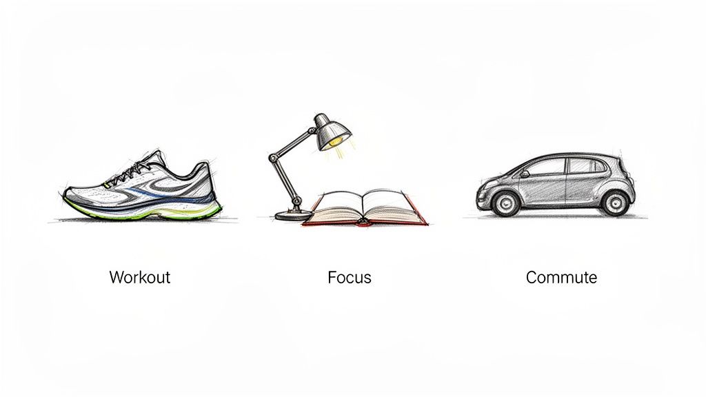 Sketched illustrations of a running shoe for workout, a lamp and book for focus, and a car for commute.