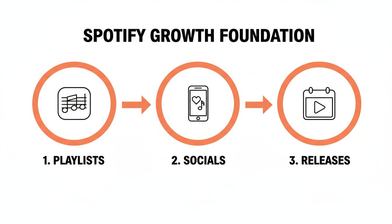 A Spotify growth strategy diagram showing steps: Playlists, Socials, and Releases, with icons and arrows.