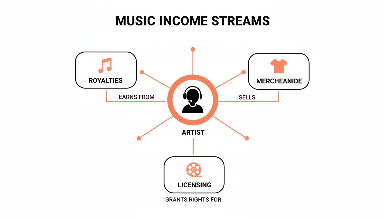 Diagram illustrating music income streams for an artist, including royalties, merchandise sales, and licensing.
