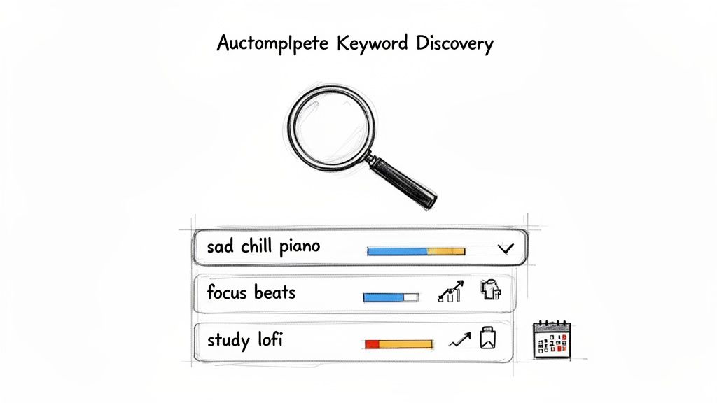 A keyword discovery tool showing autocomplete suggestions for music playlists with trend indicators.