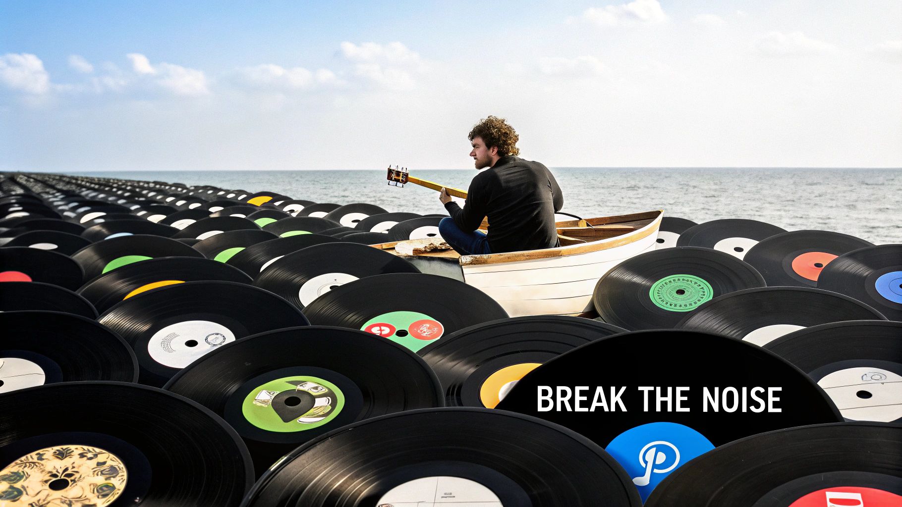 A musician in a boat plays guitar amidst an ocean of vinyl records with 'BREAK THE NOISE' text.