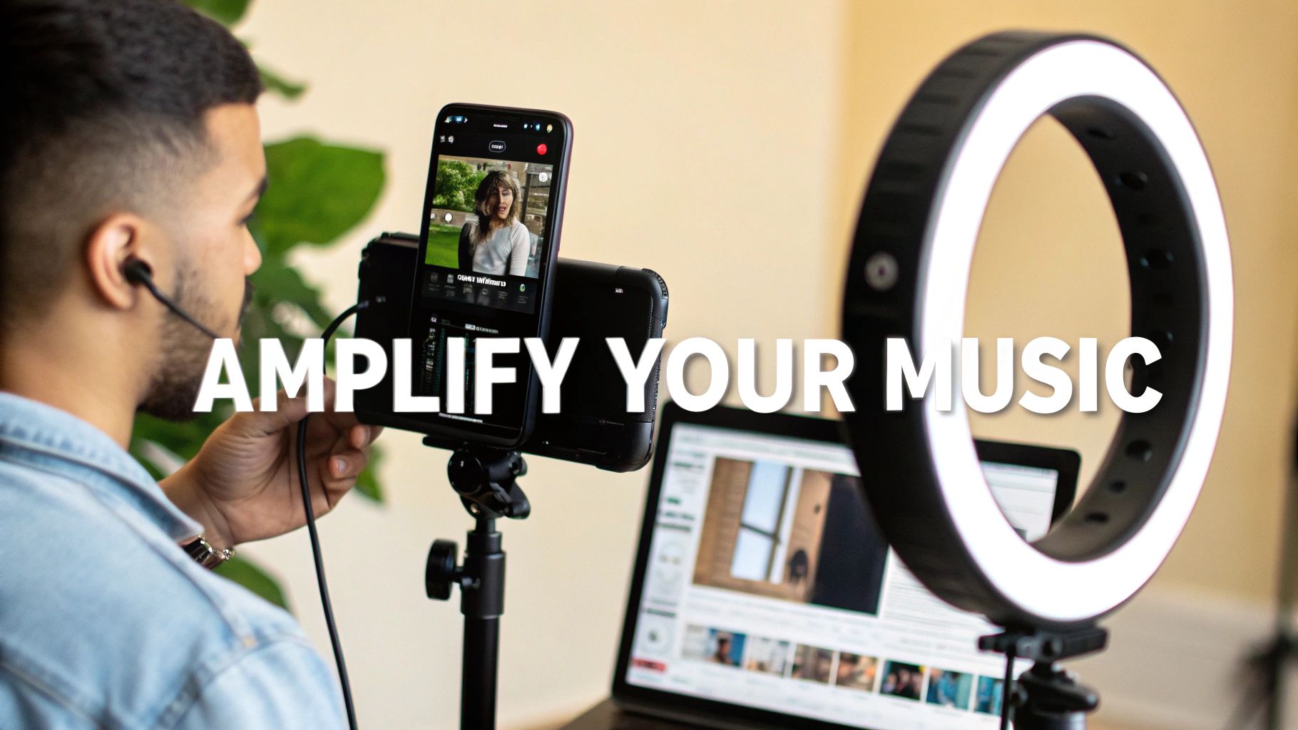 Person setting up a smartphone on a tripod for video recording with a ring light and laptop.