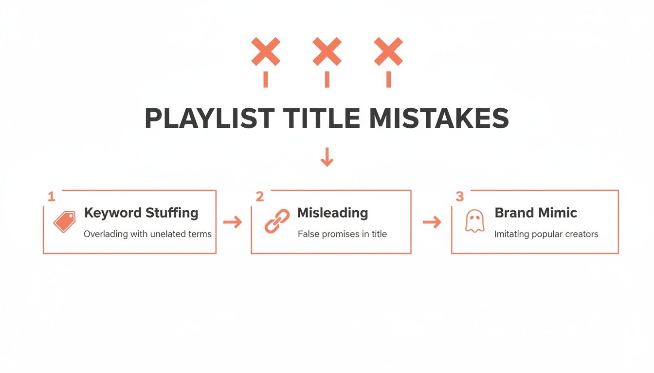 An infographic illustrating three common playlist title mistakes: keyword stuffing, misleading titles, and brand mimicry.