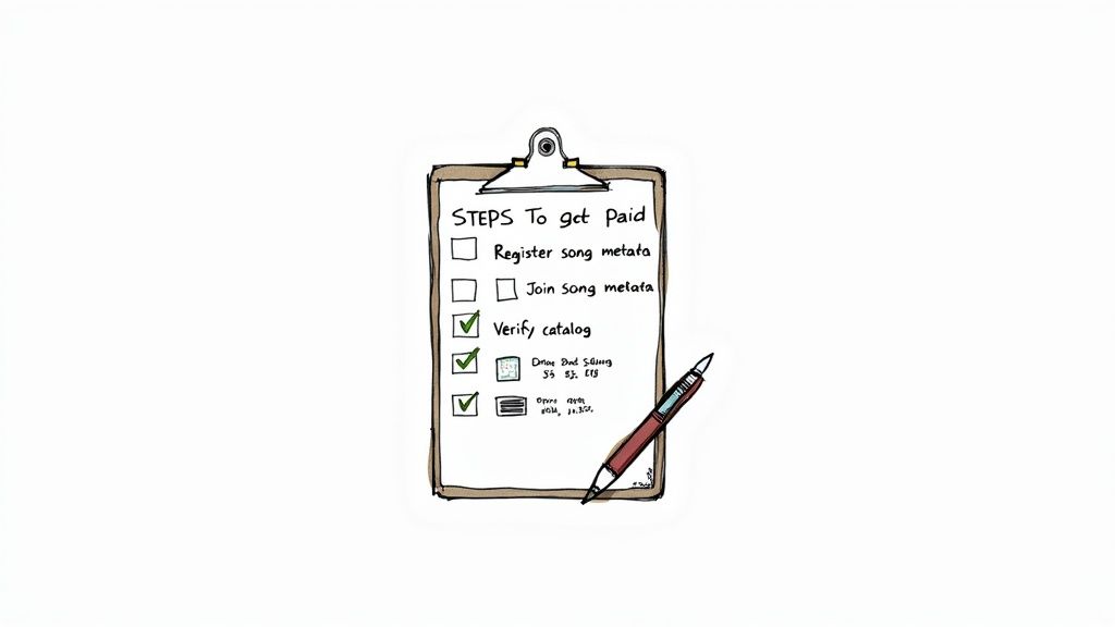 Illustration of a clipboard checklist for music royalties, titled 'STEPS To get Paid', with some items checked.