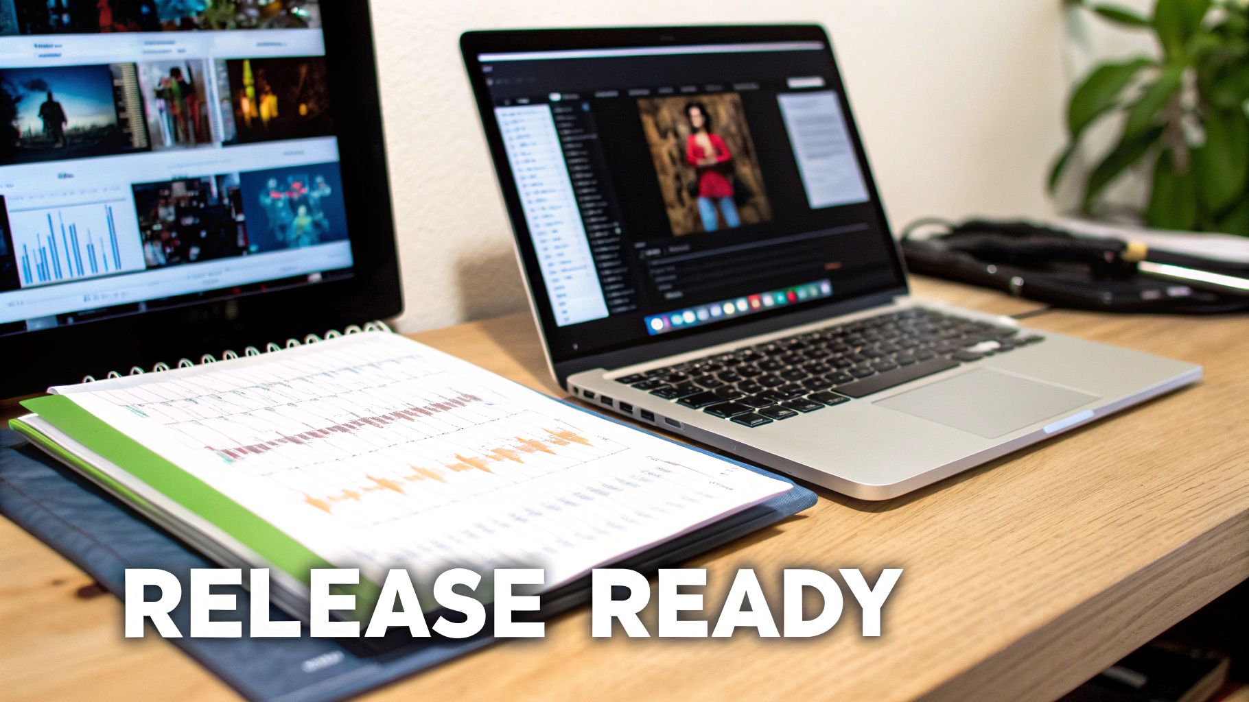 A modern workspace featuring a laptop with photo editing software, an external monitor, and business charts, ready for release.