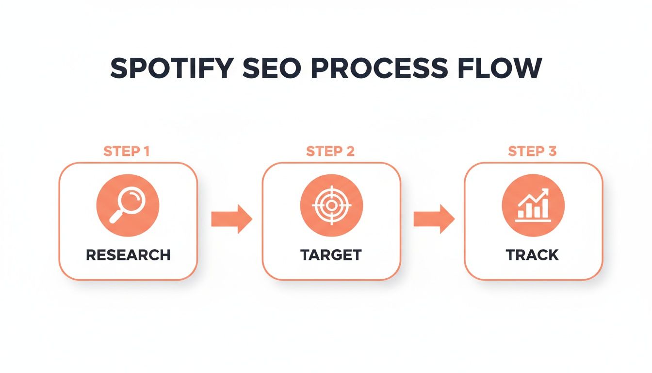 A Spotify SEO process flow diagram with three steps: Research, Target, and Track.