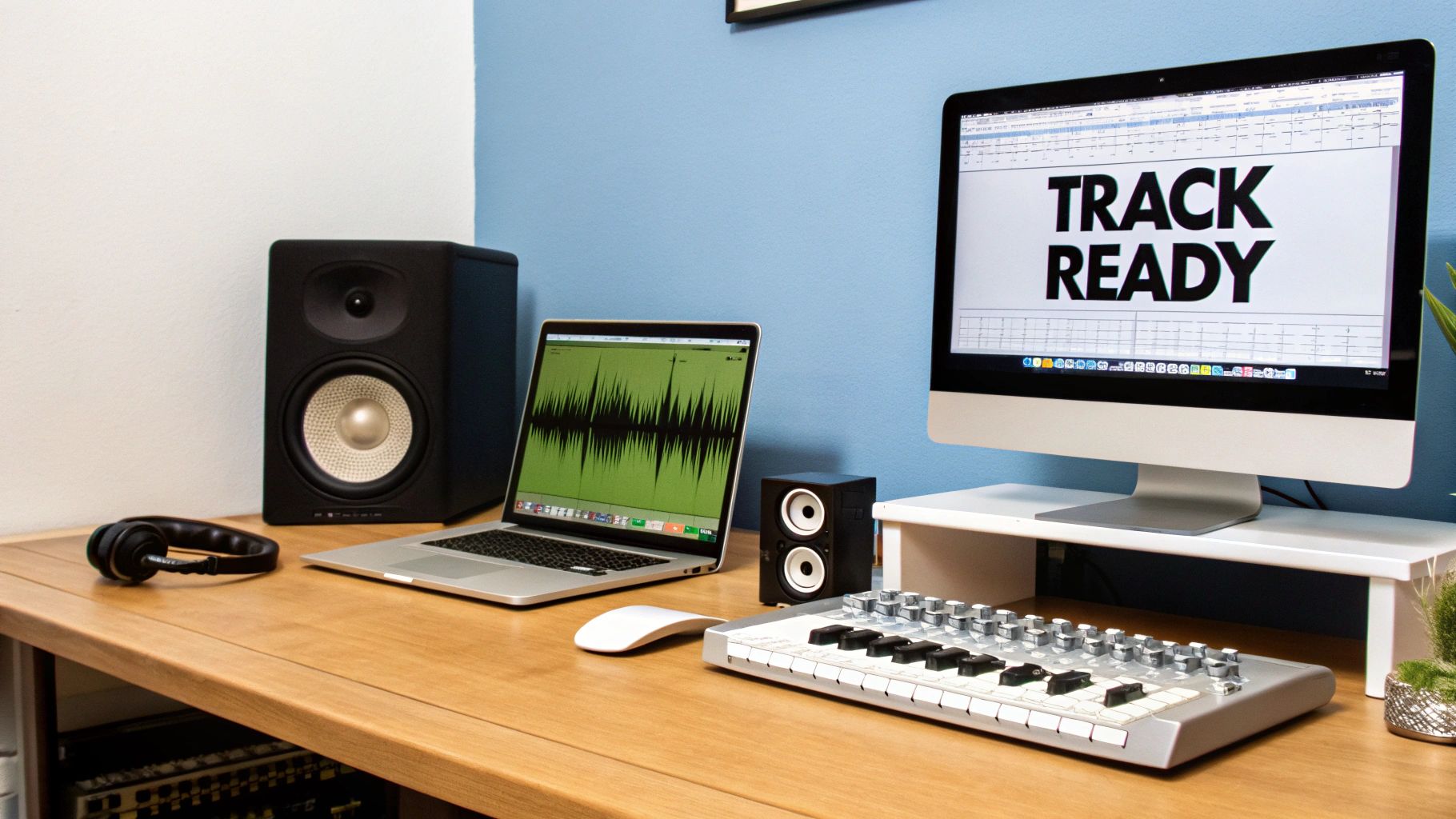 A modern home music studio setup with a laptop, monitor, studio monitors, and a MIDI keyboard.