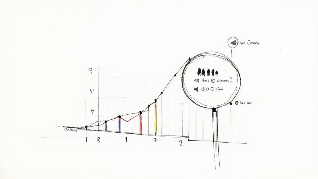 Hand-drawn sketch of a line graph showing growth and a circular user interface concept with various icons.