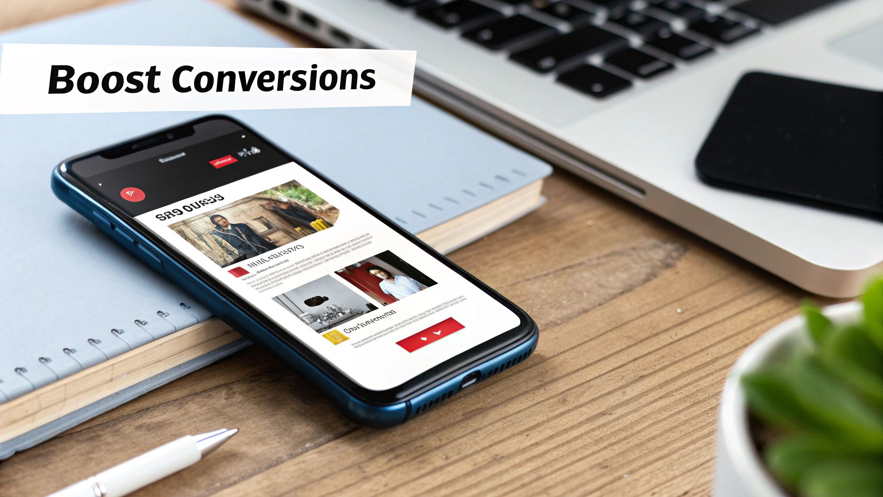 A smartphone displaying a webpage and text 'Boost Conversions' on a desk with a laptop and notebook.