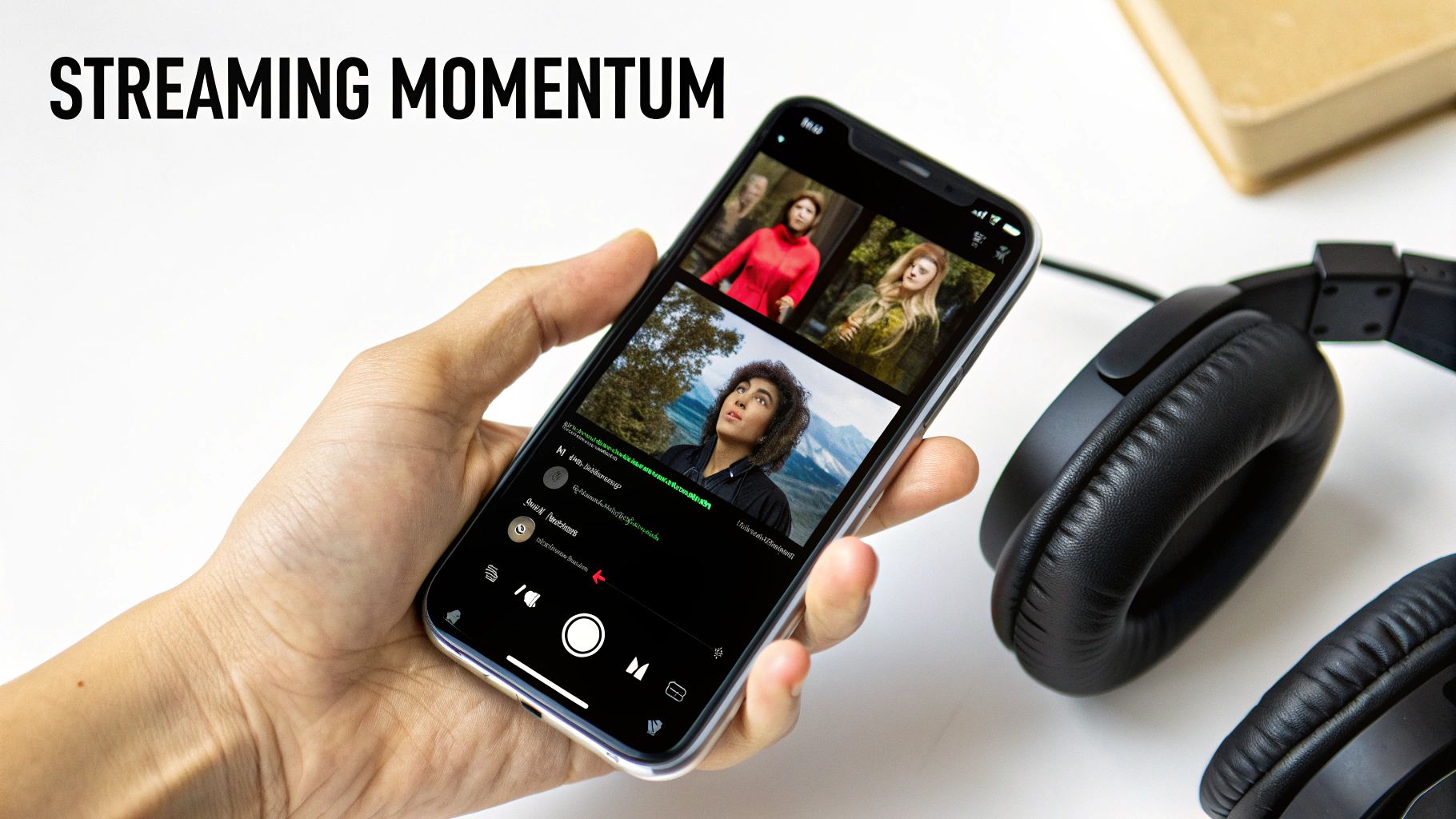 Hand holding a smartphone displaying video calls with multiple people and black headphones on a white background.