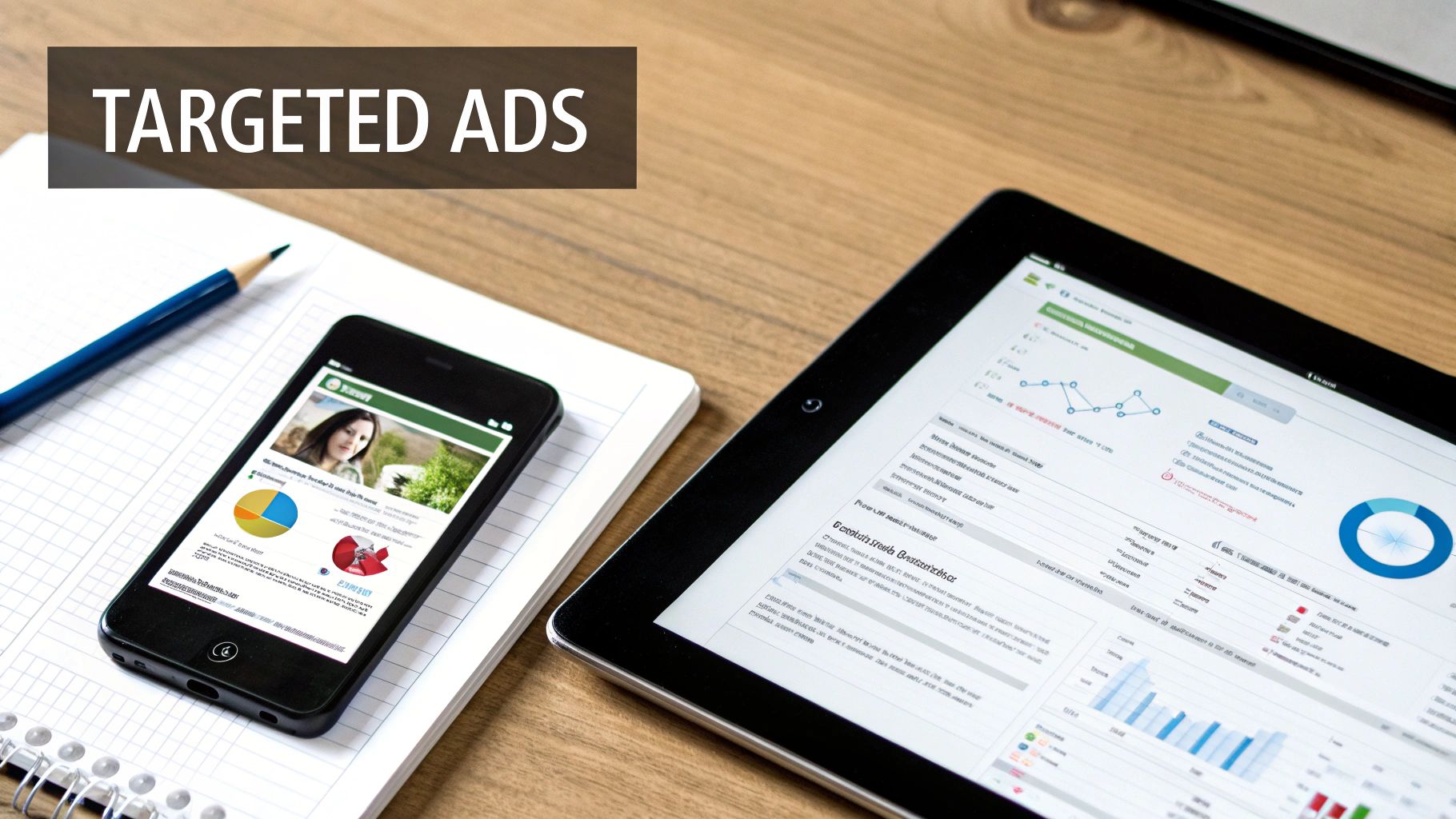 A smartphone and tablet showing data analytics and charts, with 'TARGETED ADS' text overlay.