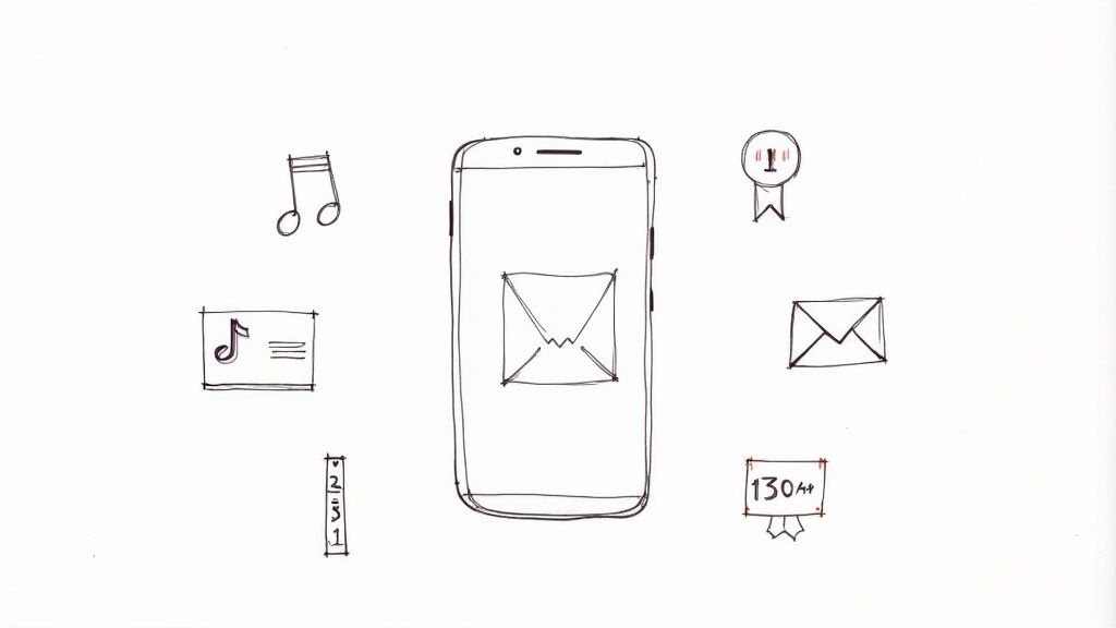 A sketch showing a mobile phone with an email icon on its screen, surrounded by music notes, envelopes, and achievement badges.
