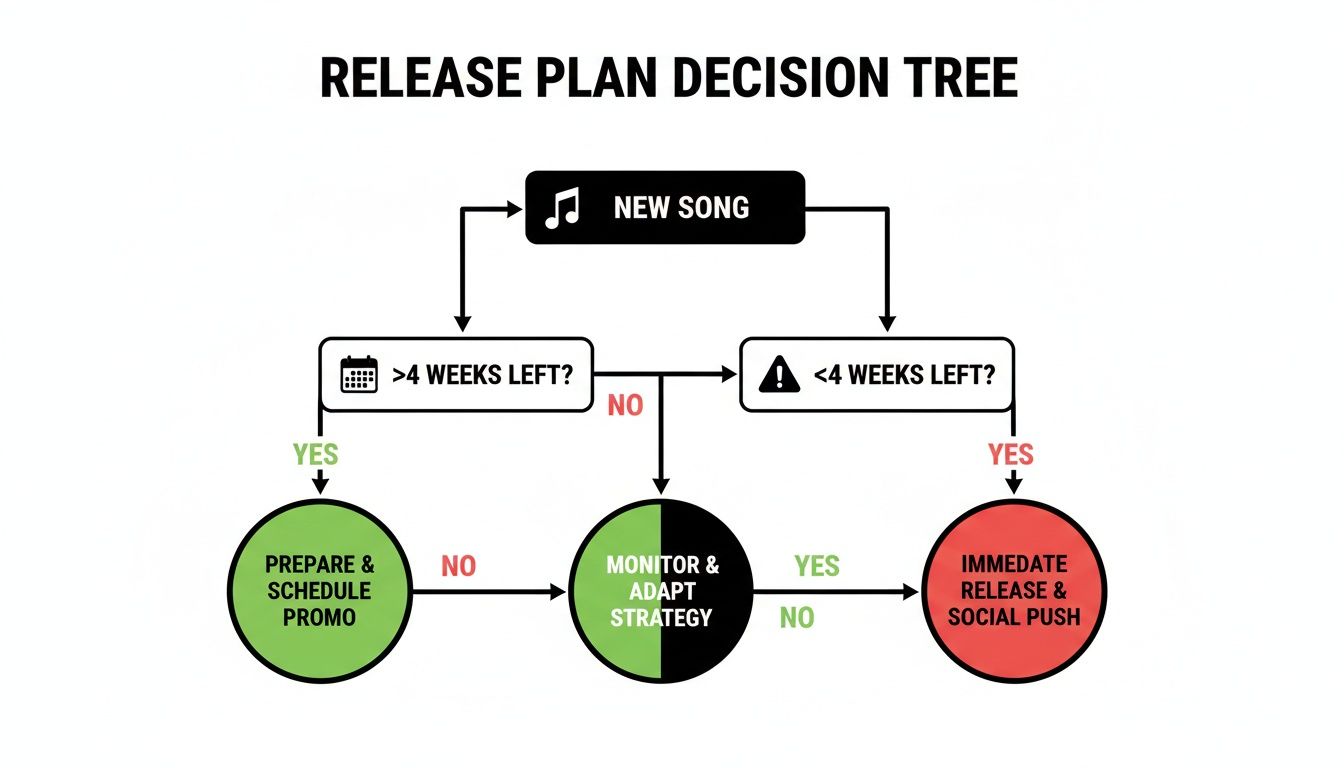A decision tree flowchart for releasing a new song, outlining steps based on weeks remaining.