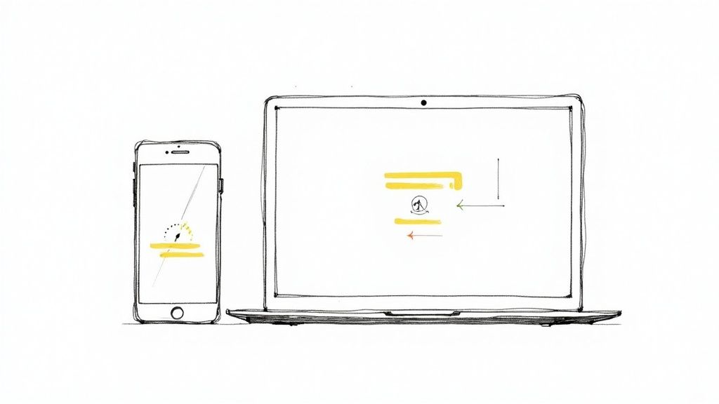 Smartphone and laptop displaying content transfer between devices for digital media sharing