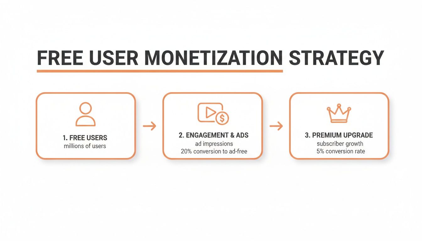 Diagram illustrating a free user monetization strategy with steps for engagement, ads, and premium upgrades.