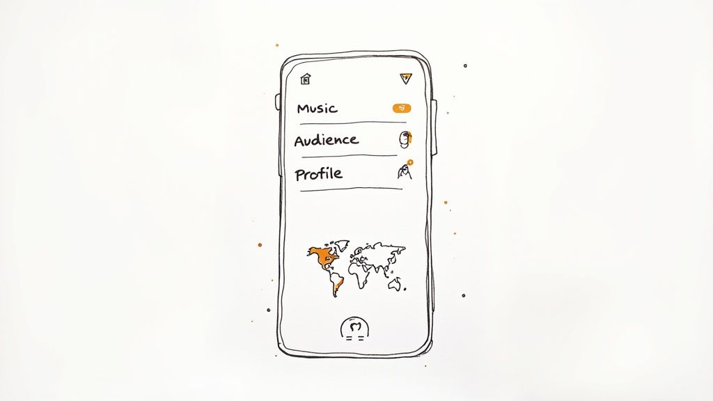 A sketch of a smartphone displaying a music app interface with a global audience map.