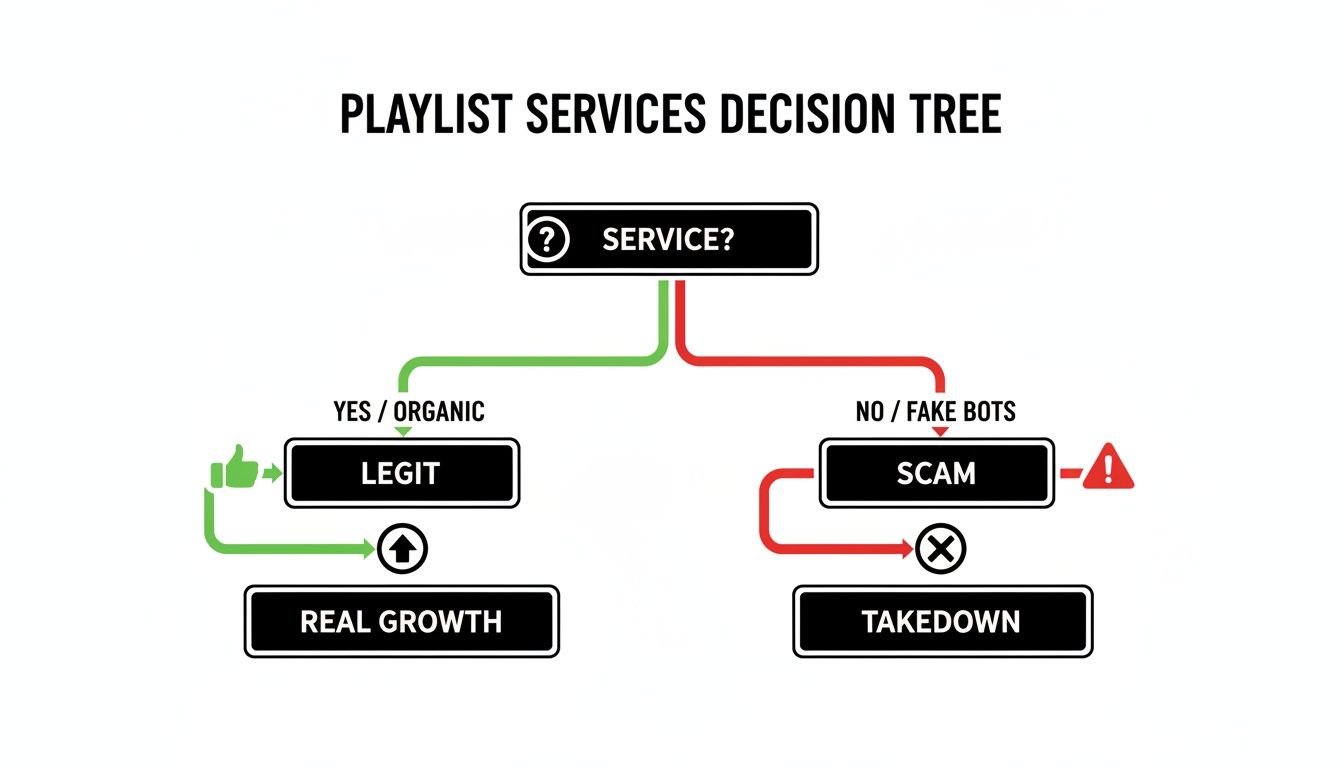 A decision tree illustrating playlist services resulting in real growth or takedown.