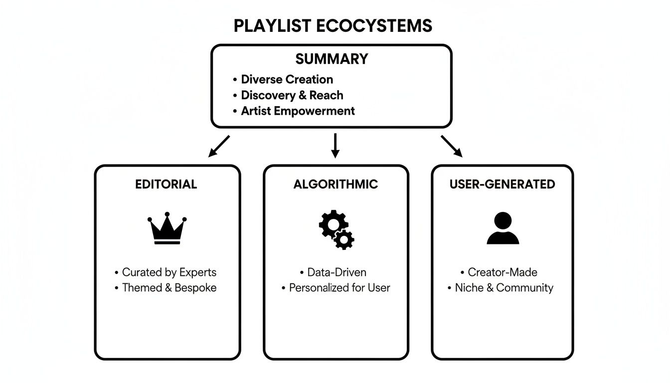 A diagram illustrating playlist ecosystems, categorizing them into editorial, algorithmic, and user-generated types.