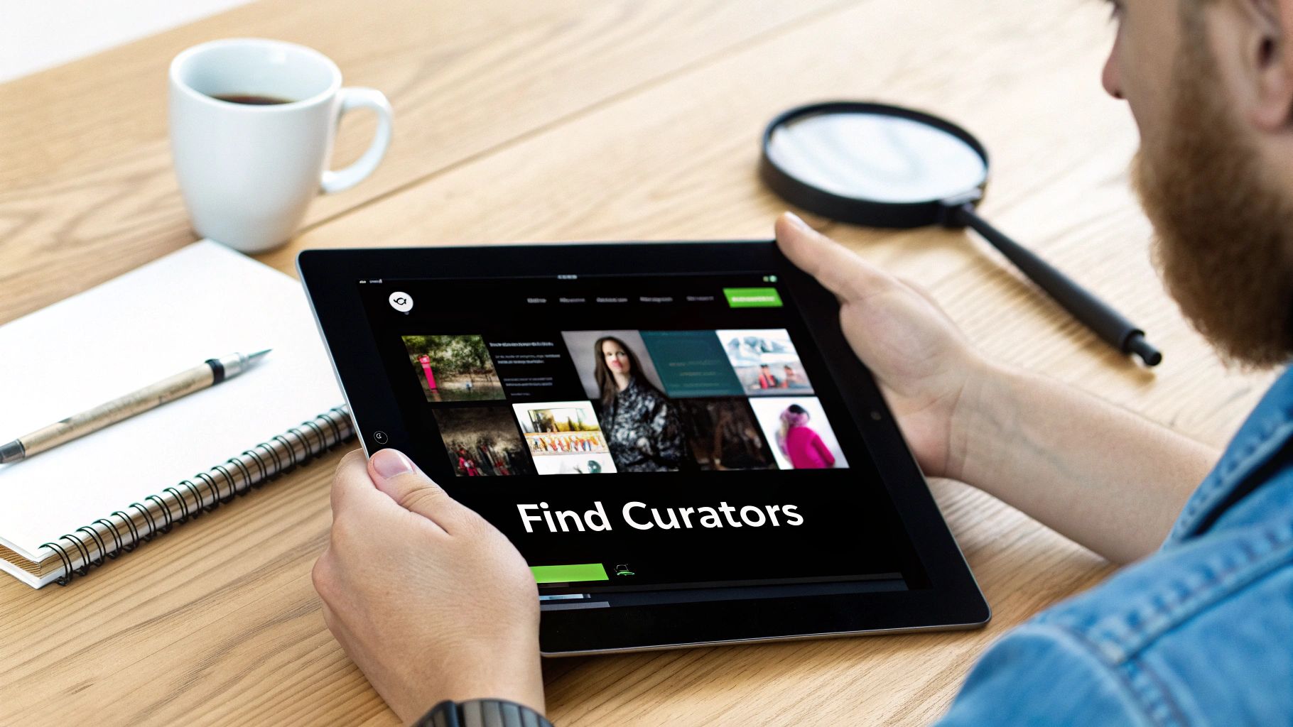 A person holds a tablet displaying 'Find Curators' while sitting at a wooden desk with coffee and a notebook.