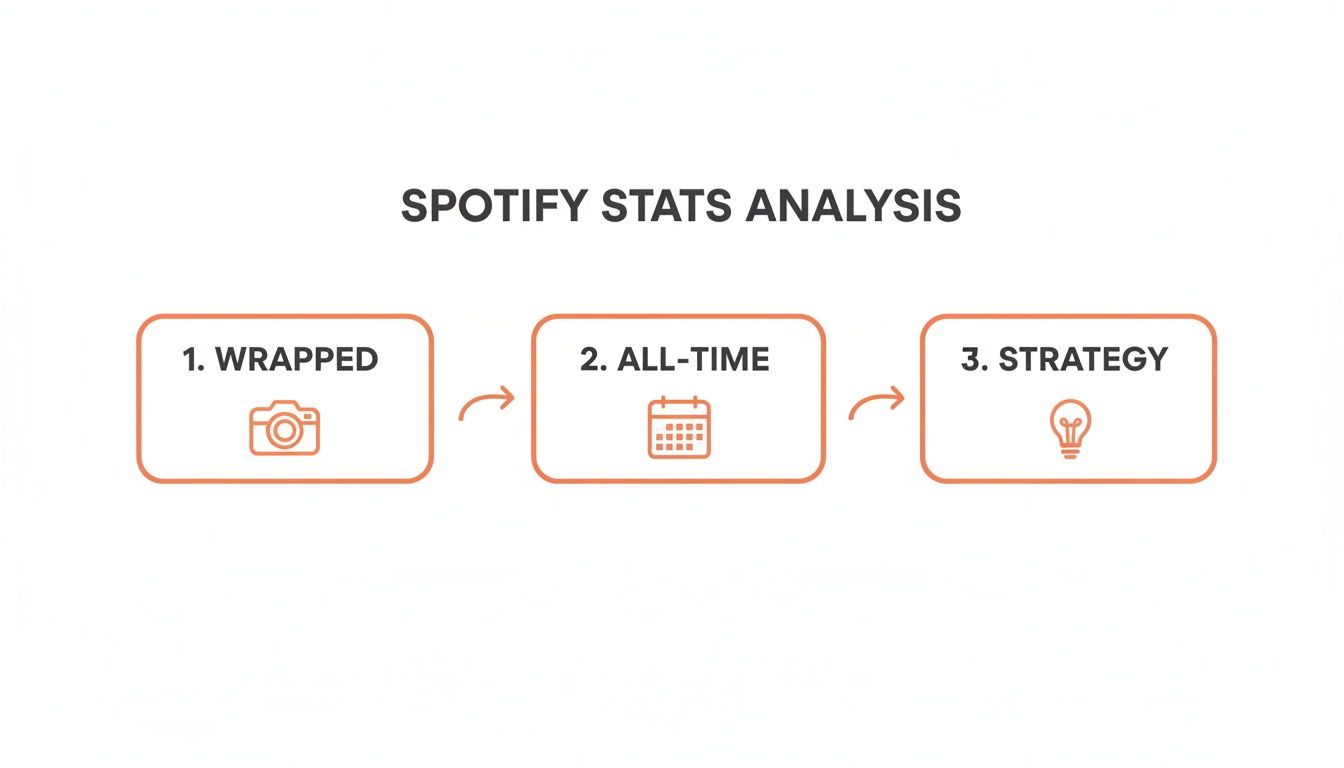 Flowchart illustrating Spotify stats analysis process with steps: Wrapped, All-Time data, and Strategy.