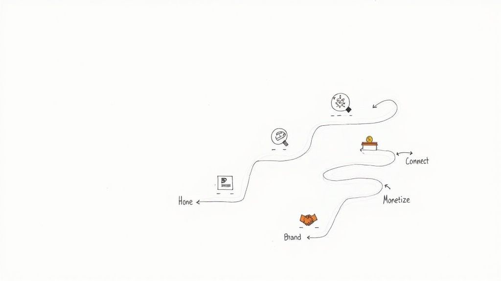 Visual roadmap showing music industry career path from home through branding, monetization to connection