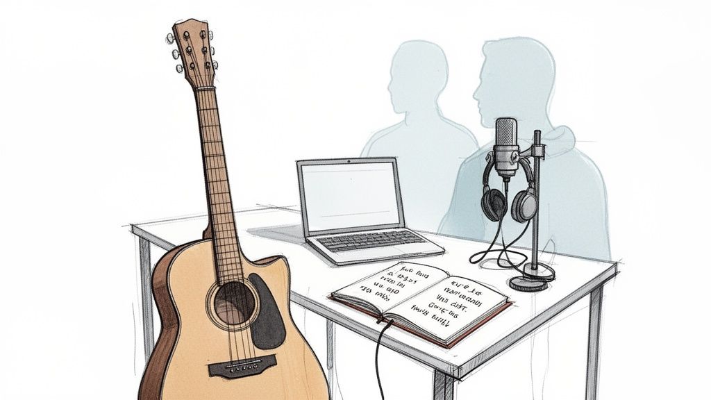 An acoustic guitar leans against a table with a laptop, microphone, headphones, and open notebook.