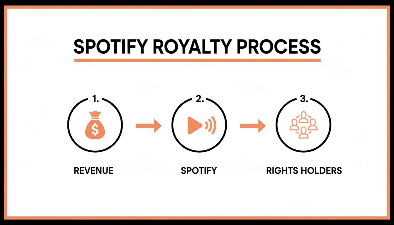 Infographic shows the Spotify royalty payment process: revenue goes to Spotify, then to rights holders.
