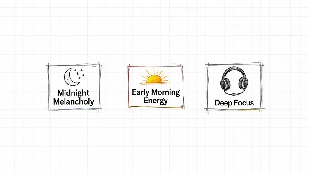 Three hand-drawn boxes showing different playlist themes with icons: Midnight Melancholy, Early Morning Energy, Deep Focus.