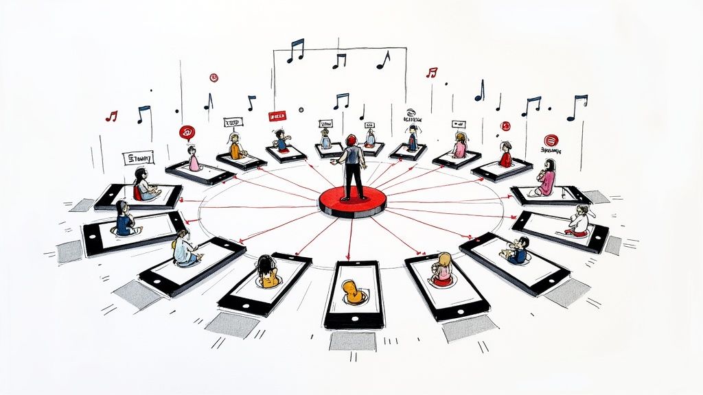 A musician using a laptop and headphones, surrounded by social media icons, illustrating the digital nature of music marketing.
