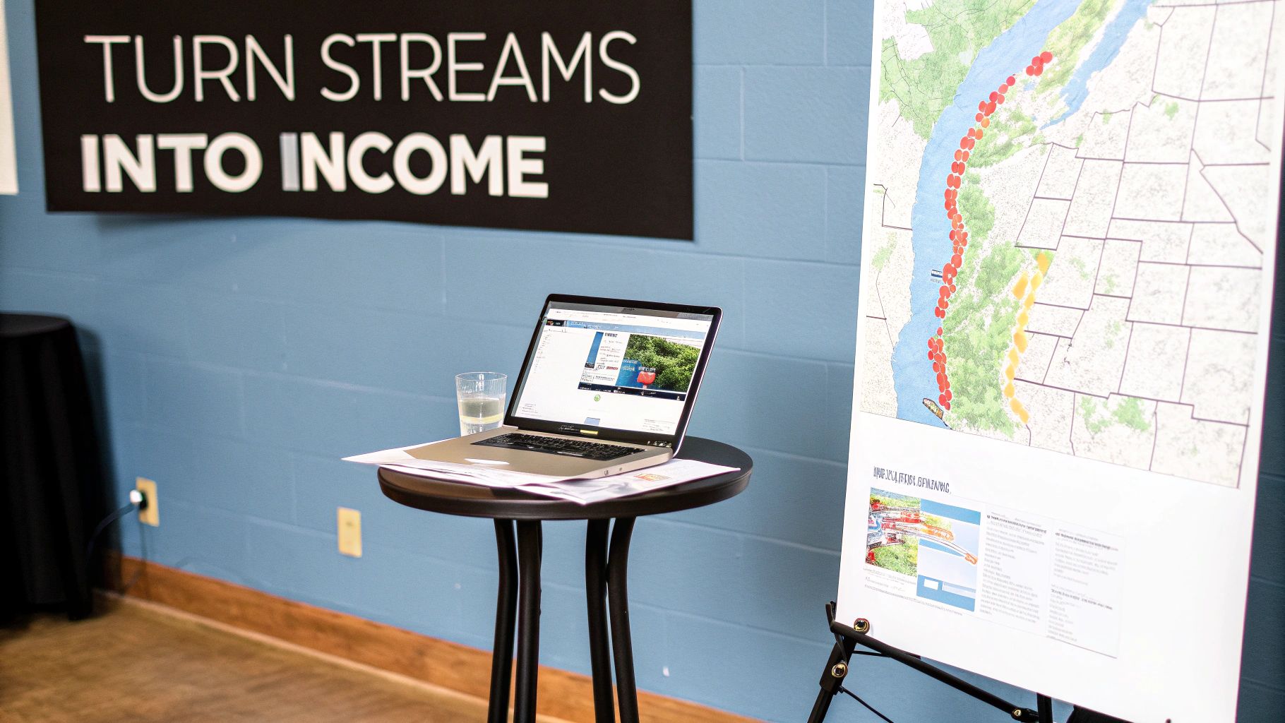 Conference display with 'Turn Streams into Income' banner, laptop, and a map showing regional development.