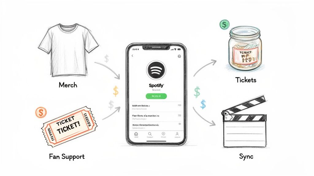Diagram illustrating how artists generate revenue through Spotify, including merch, fan support, tickets, and sync.