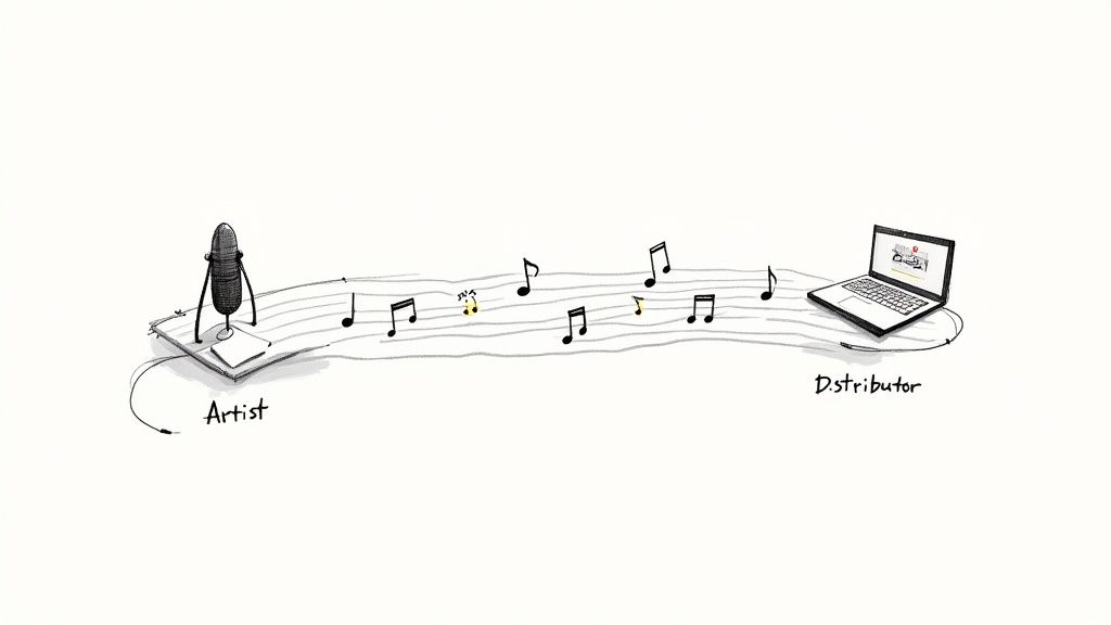 An artist working on their music in a home studio, symbolizing the first step in getting songs on Spotify.