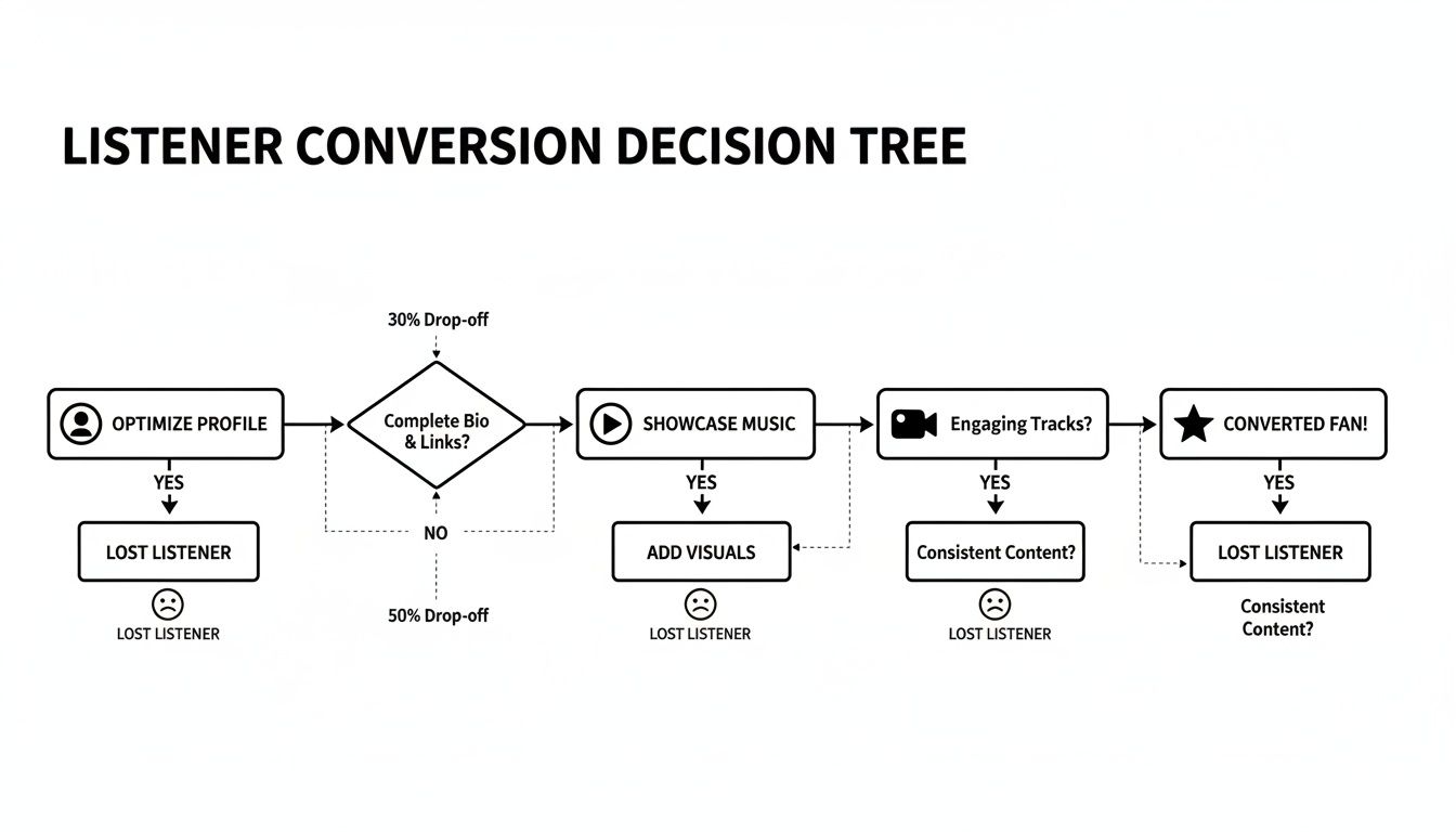 Flowchart showing a listener conversion decision tree with steps to convert a listener into a fan, including profile optimization and engaging content.