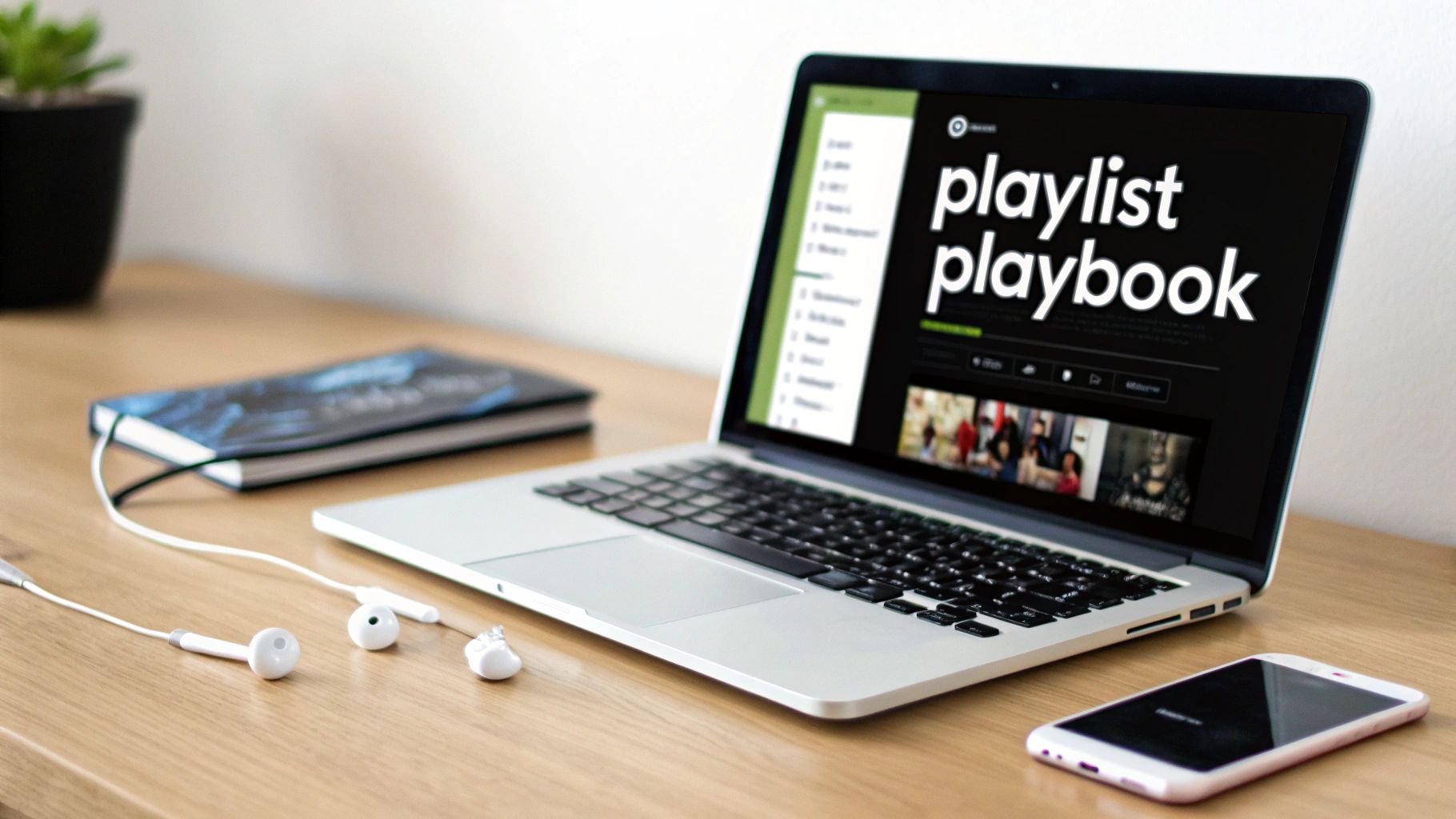 A laptop displaying "playlist playbook" with earbuds, smartphone, and a notebook on a wooden desk.