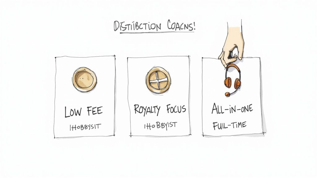 An artist at a desk comparing music distribution services on a laptop, deciding how to get their songs on Spotify.