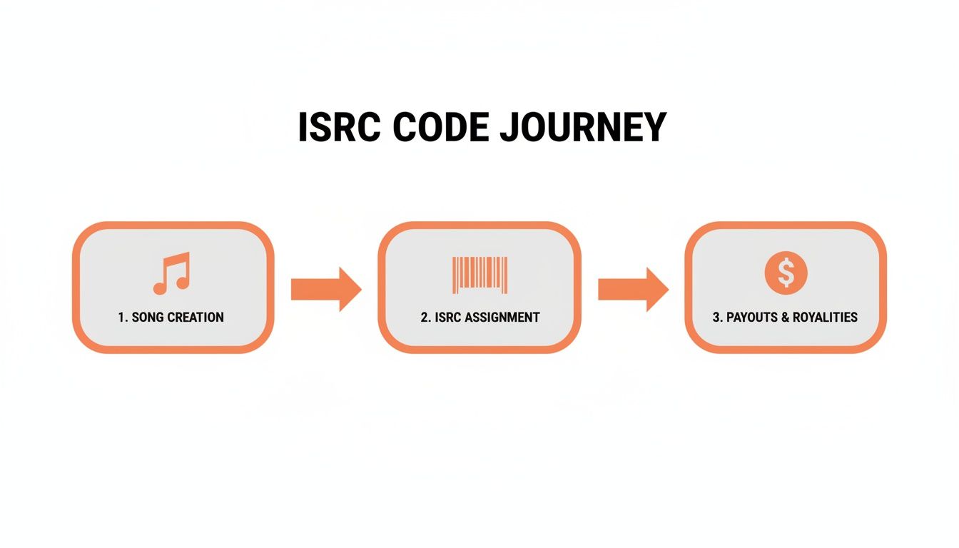 Flowchart illustrating the ISRC code journey, showing song creation, ISRC assignment, and payouts &amp; royalties.
