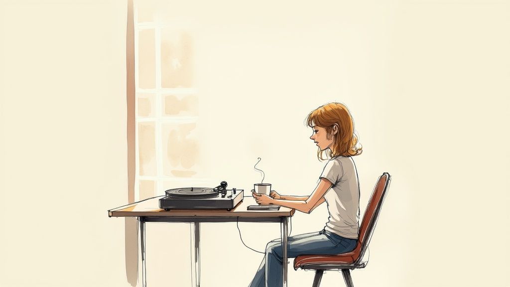 A young woman with brown hair sits at a table, enjoying music from a record player and a steaming cup.