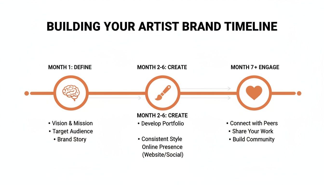 A visual timeline detailing the steps to build an artist brand: Define, Create, and Engage.
