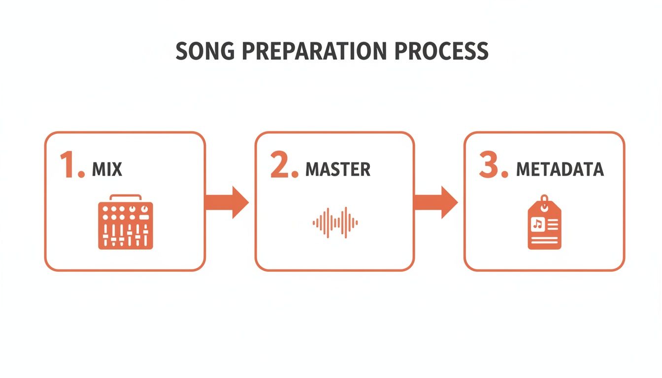 A diagram illustrating the three essential steps of song preparation: Mix, Master, and Metadata, with relevant icons.