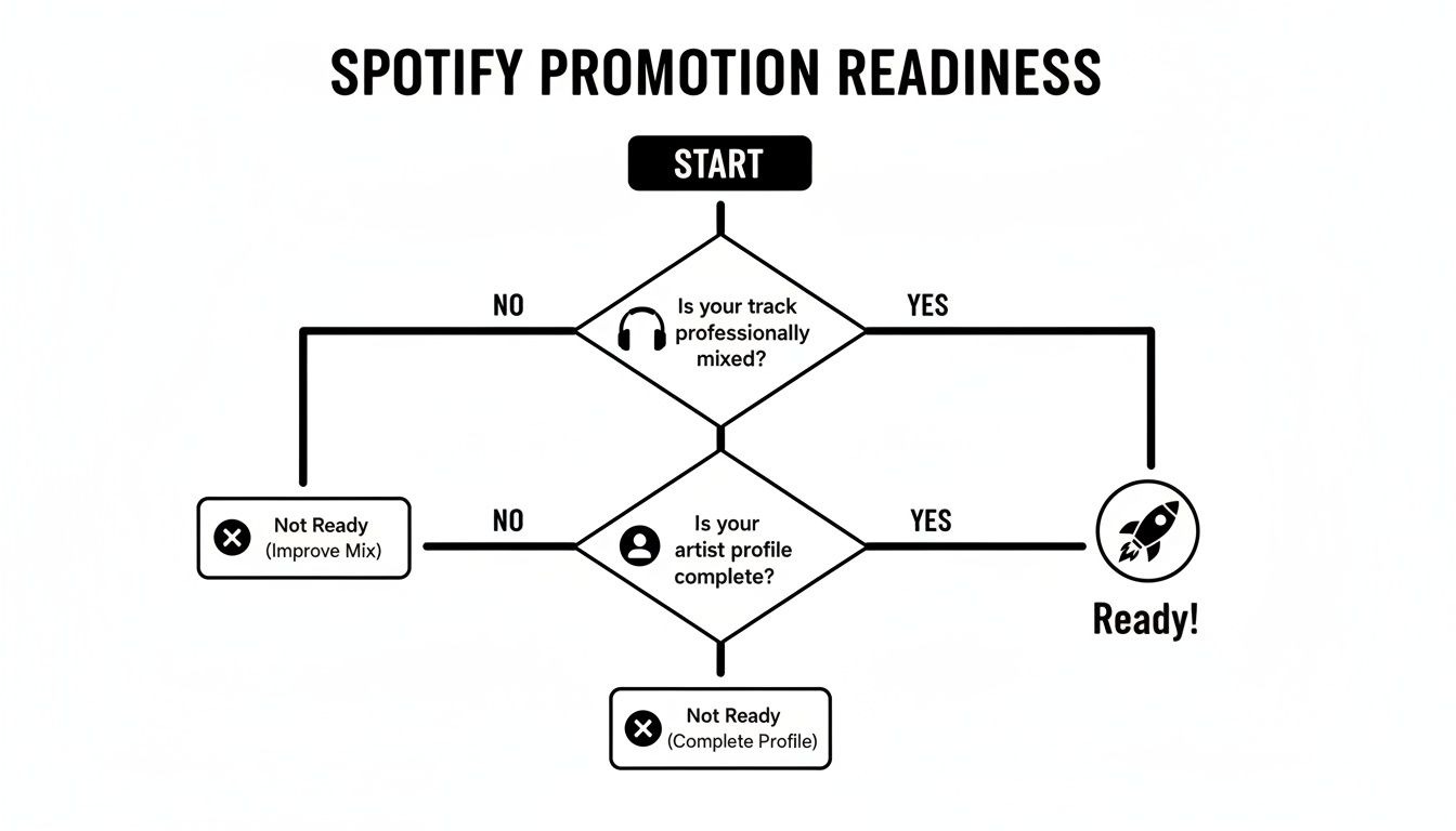 A Spotify promotion readiness flowchart guiding artists on professionally mixed tracks and complete profiles for release.