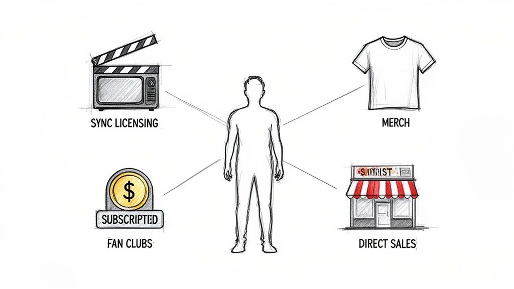 A diagram illustrates a person at the center, connected to four income streams: sync licensing, merch, subscribed fan clubs, and direct sales.