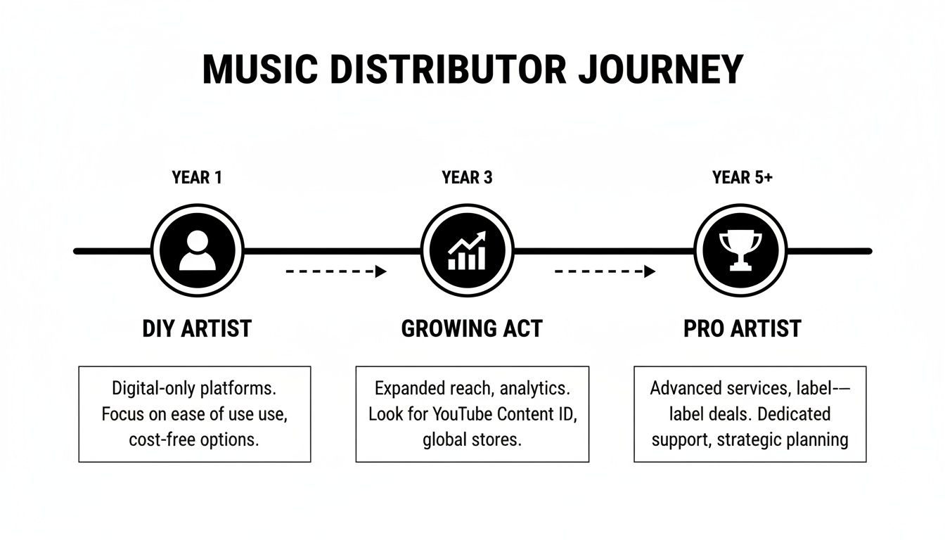 Timeline illustrating a music distributor's journey from DIY artist to pro, spanning years and services.
